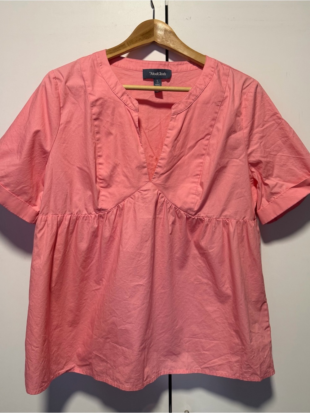 Modcloth Coral-Pink Short Sleeve V-Notch Babydoll Top